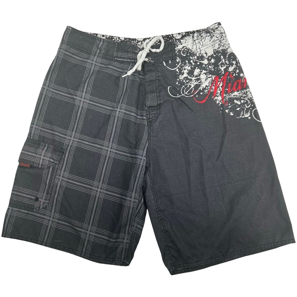 VTG y2k Men's Grey Skull Miami Ink Cargo Surf Beach Swim Suit Board Shorts 34x10